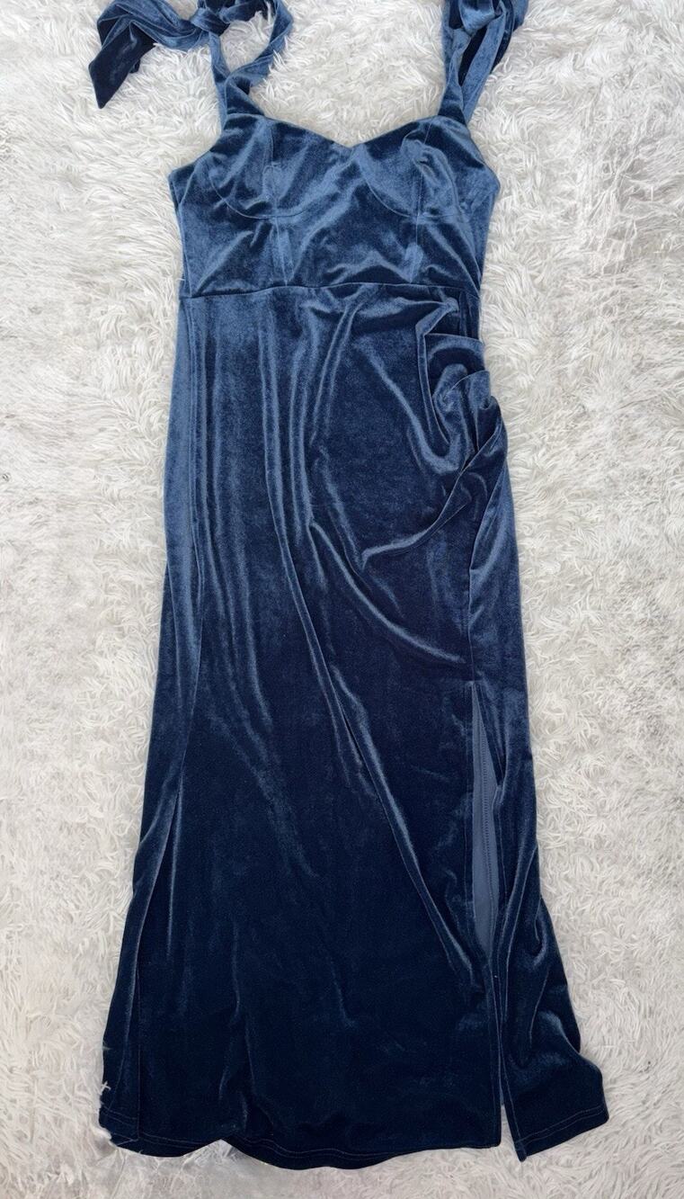 Cider Blue Velvet Scoop Neck Formal Ribbon Tie Dress Sz. M Side Slit. Exc. Cond.
